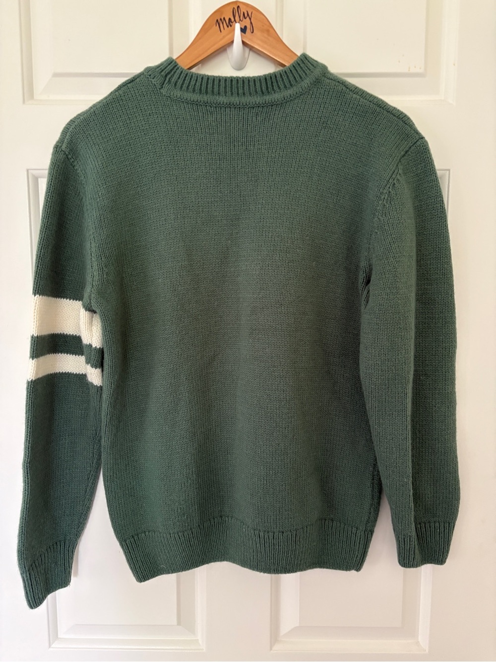 Zara Women’s Crewneck Sweater in Sage Green with White Sleeve Stripes - Picture 3 of 6